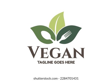 Green Leaf Leaves Bud with Spoon Fork for Diet or Healthy Food Logo Design