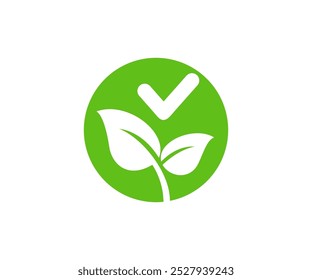 Green leaf leaves and check mark icon symbol. Eco friendly natural organic approval certification tag vector design and illustration.