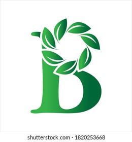 Green leaf and letter B monogram logo design vector.