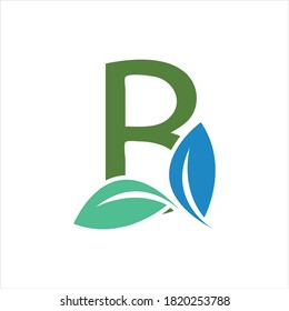 Green leaf and letter B monogram logo design vector.