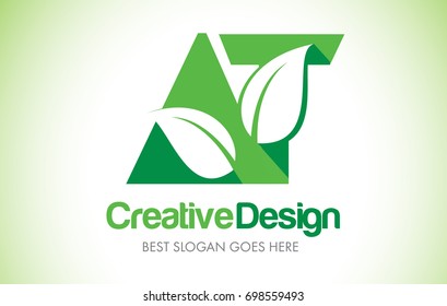 AT Green Leaf Letter Design Logo. Eco Bio Leaf Letters Icon Illustration Vetor Logo.