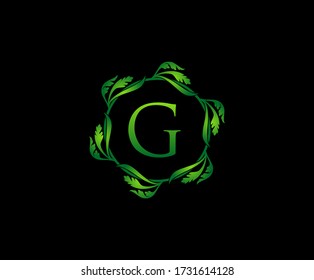Green Leaf Letter G Round Logo Design. monogram logo. Simple Swirl Green Leaves Alphabet Icon.