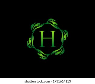 Green Leaf Letter H Round Logo Design. monogram logo. Simple Swirl Green Leaves Alphabet Icon.