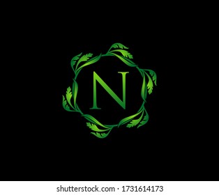 Green Leaf Letter N Round Logo Design. monogram logo. Simple Swirl Green Leaves Alphabet Icon.