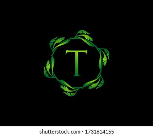 Diseño del logotipo redondo de la letra verde T. logotipo de monograma. Un Sencillo Verde Swirl Deja Icono De Alfabeto.