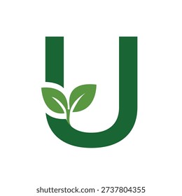Green Leaf Letter U Logo, Eco Alphabet Vector, Nature Typography Design, Botanical Initial Icon, Flat Organic Font Illustration