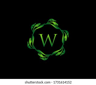 Green Leaf Letter W Round Logo Design. monogram logo. Simple Swirl Green Leaves Alphabet Icon.