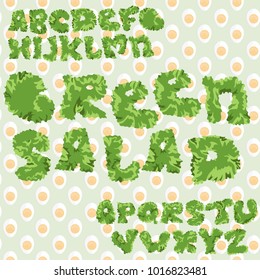 Green leaf lettuce alphabet. Food fonts. Cartoon ABC