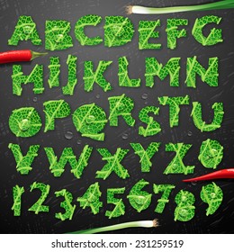 Green leaf lettuce alphabet, vector illustration. Perfectly suited for healthy restaurants and green brands, like: vegan places, cooking website, veggie recipes blog, associations, etc.