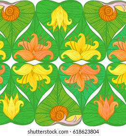 Green leaf with lilies and snails pattern