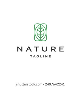 Green leaf with line art style logo design template