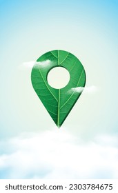 Green Leaf Location Pin, Real Estate Nature Concept, Eco, Green Concept Vector, Blue Sky, Clouds