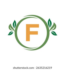 Green Leaf Logo Combine With Letter F Vector Template