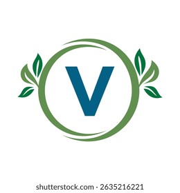 Logotipo Folha Verde Combinado Com Modelo Vetor Carta V