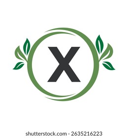 Green Leaf Logo Combine With Letter X Vector Template