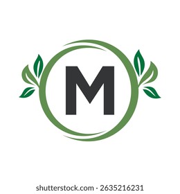 Green Leaf Logo Combine With Letter M Vector Template