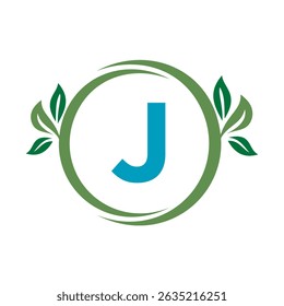 Green Leaf Logo Combine With Letter J Vector Template