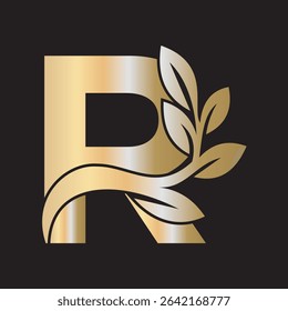 Green Leaf Logo Combine With Letter R Vector Template