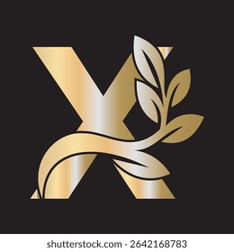 Green Leaf Logo Combine With Letter X Vector Template