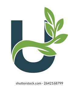 Green Leaf Logo Combine With Letter U Vector Template