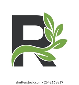 Green Leaf Logo Combine With Letter R Vector Template