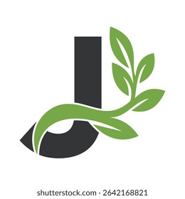 Green Leaf Logo Combine With Letter J Vector Template