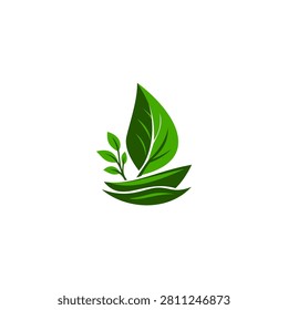 Green leaf logo design with plant shoots and natural elements resembling an abstract boat isolated on white