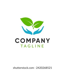 Green leaf logo with hand. Leaf logo templates. Elements for eco and bio logos.