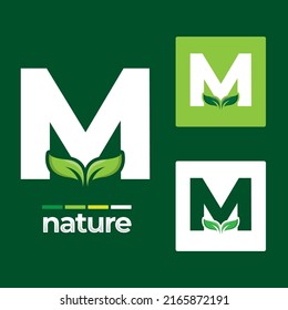 Green leaf logo icons set on letter M illustration template, leaves Elements for eco and bio logos