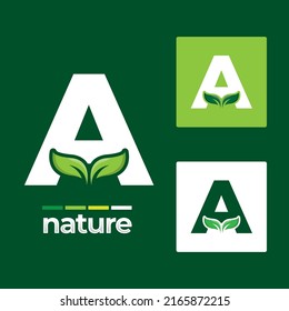 Green leaf logo icons set on letter A illustration template, leaves Elements for eco and bio logos