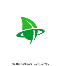 logótipo de folha verde no meio do círculo de órbita