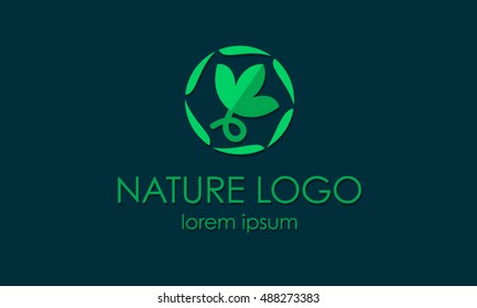 Green leaf logo nature vector design illustration. Green dark background. Vector design logotype template nature.
