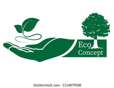 green leaf logo on human hand. Leaves icon and ecology concept, vector illustration