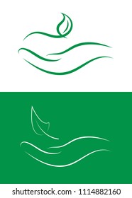 green leaf logo on human hand. Leaves icon and ecology concept, vector illustration