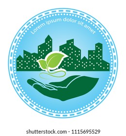 green leaf logo on human hand with city background. nature icon and ecology concept, vector illustration
