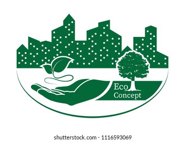 green leaf logo on human hand with city background. nature icon and ecology concept, vector illustration