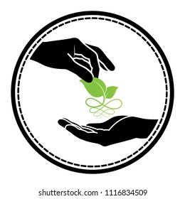 green leaf logo on human hand. Leaves icon and ecology concept, vector illustration