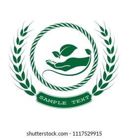 green leaf logo on human hand. Leaves icon and ecology concept, vector illustration