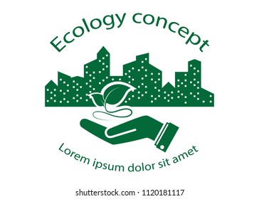 green leaf logo on human hand with city background. nature icon and ecology concept, vector illustration