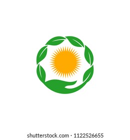 green leaf logo on human hand. Leaves icon and ecology concept, vector illustration