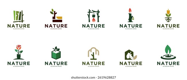 green leaf logo set, growth symbol, outdoor, agriculture, design vector template.