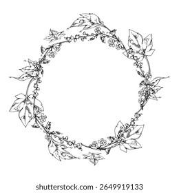 Green leaf, long cluster flower in water dew drops. Bush tree foliage hand drawn in vector ink, Currant gooseberry maple sycamore avens. Isolated wreath frame crown. Florist shop, eco herbal cosmetics