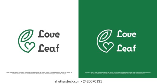 Green leaf love nature logo design illustration. Silhouette line love heart tree root plant green leaf eco flora stem bio nature. Simple minimal minimalist creative abstract fresh icon symbol.