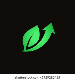 A green leaf merges with an upward-pointing arrow, symbolizing growth, progress, and sustainability.
