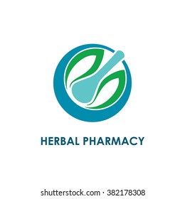 Green leaf, mortar and pestle herbal pharmacy logo or alternative medicine concept