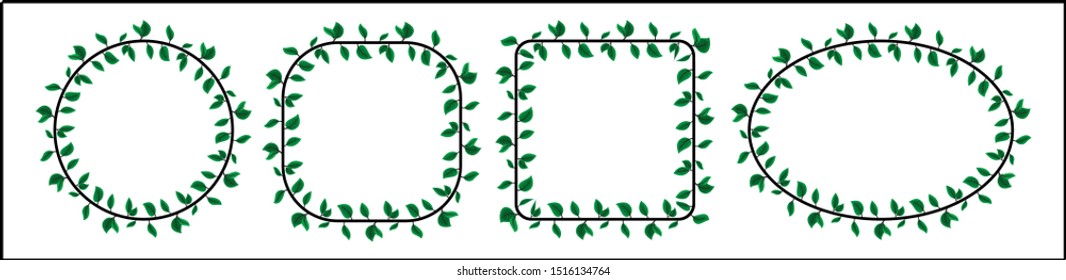 Green leaf motif with four different shapes, isolated in a white background.