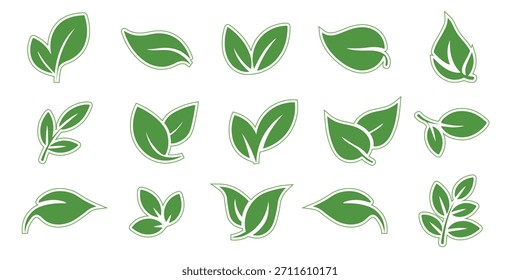 Green leaf natural icon set with eco bio labels and botanical elements on transparent background