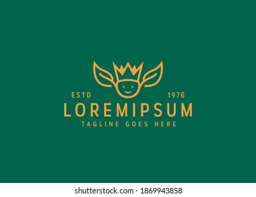 Green leaf nature king logo design. healthy plant king illustration. vintage logo design with line art icon style.
