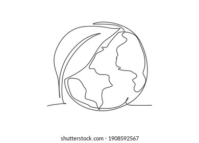 Green leaf on earth globe. Continuous one line drawing nature leaf minimalist vector illustration design on white background. Simple line modern graphic style. Hand drawn graphic natural concept