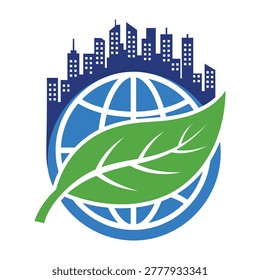A green leaf on a globe with a city skyline in the background, symbolizing nature and urban life.